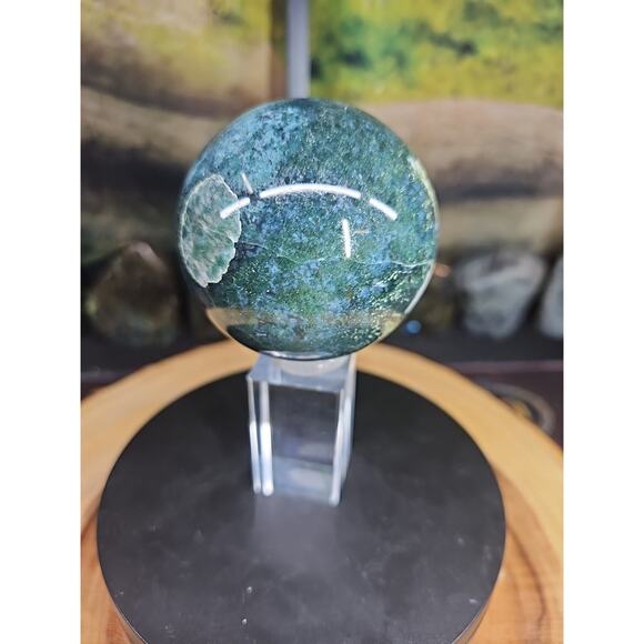 Natural Moss Agate Quartz Crystal Sphere Polished 73mm W/stand 1.16lb - Picture 7 of 9